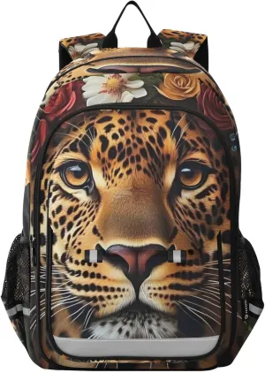 Large Backpack Leopard Garland Flower Black for Men Women Travel Laptop Daypack Book Bag Shoulder Bag Cute Cool Funny Backpack with Reflective Strip 12.9 ×17.7 In
