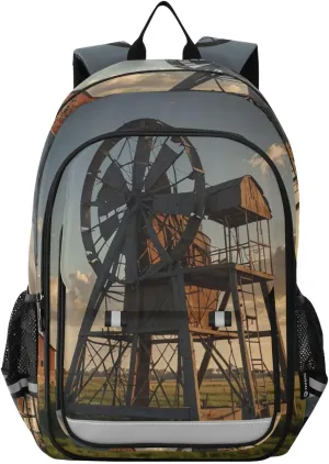Large Backpack Old Barn Windmill for Men Women Travel Laptop Daypack Book Bag Shoulder Bag Cute Cool Funny Backpack with Reflective Strip 12.9 ×17.7 In