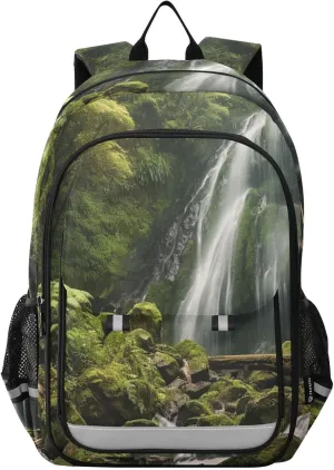Large Backpack Waterfall Cascades Green Forest for Men Women Travel Laptop Daypack Book Bag Shoulder Bag Cute Cool Funny Backpack with Reflective Strip 12.9 ×17.7 In