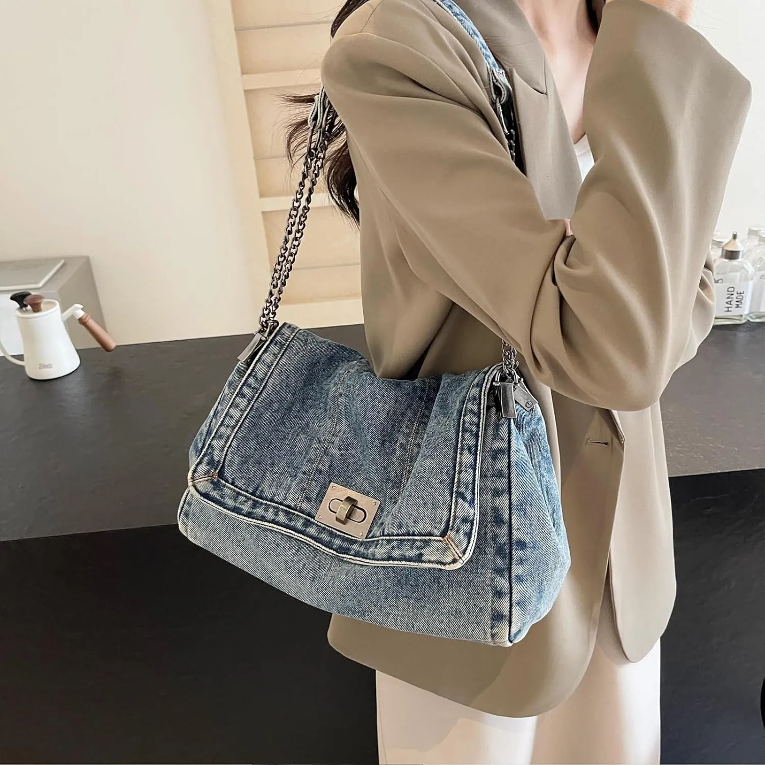 Large Denim Purses for Women Denim Tote Bag Casual Retro Crossbody Lightweight Shoulder Bag Canvas Handbags