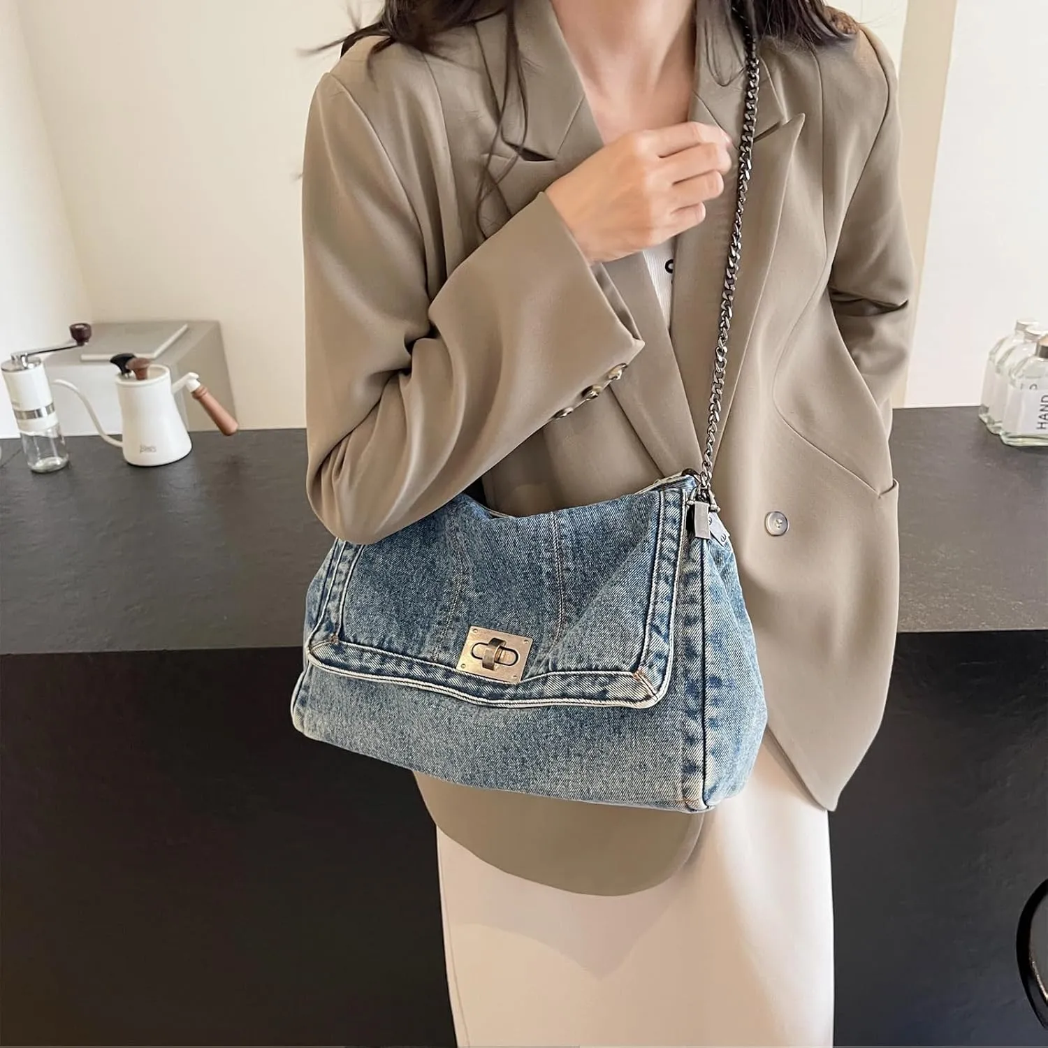Large Denim Purses for Women Denim Tote Bag Casual Retro Crossbody Lightweight Shoulder Bag Canvas Handbags