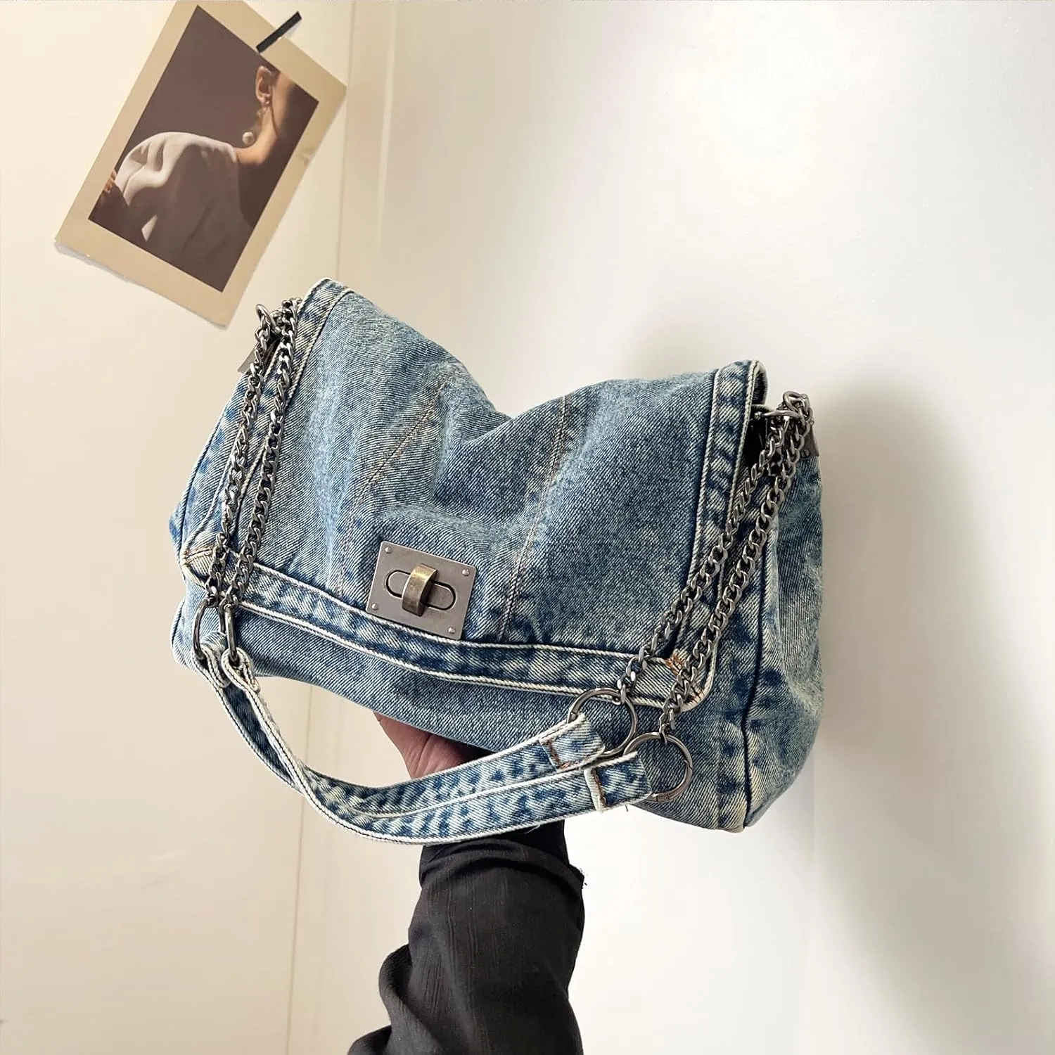 Large Denim Purses for Women Denim Tote Bag Casual Retro Crossbody Lightweight Shoulder Bag Canvas Handbags