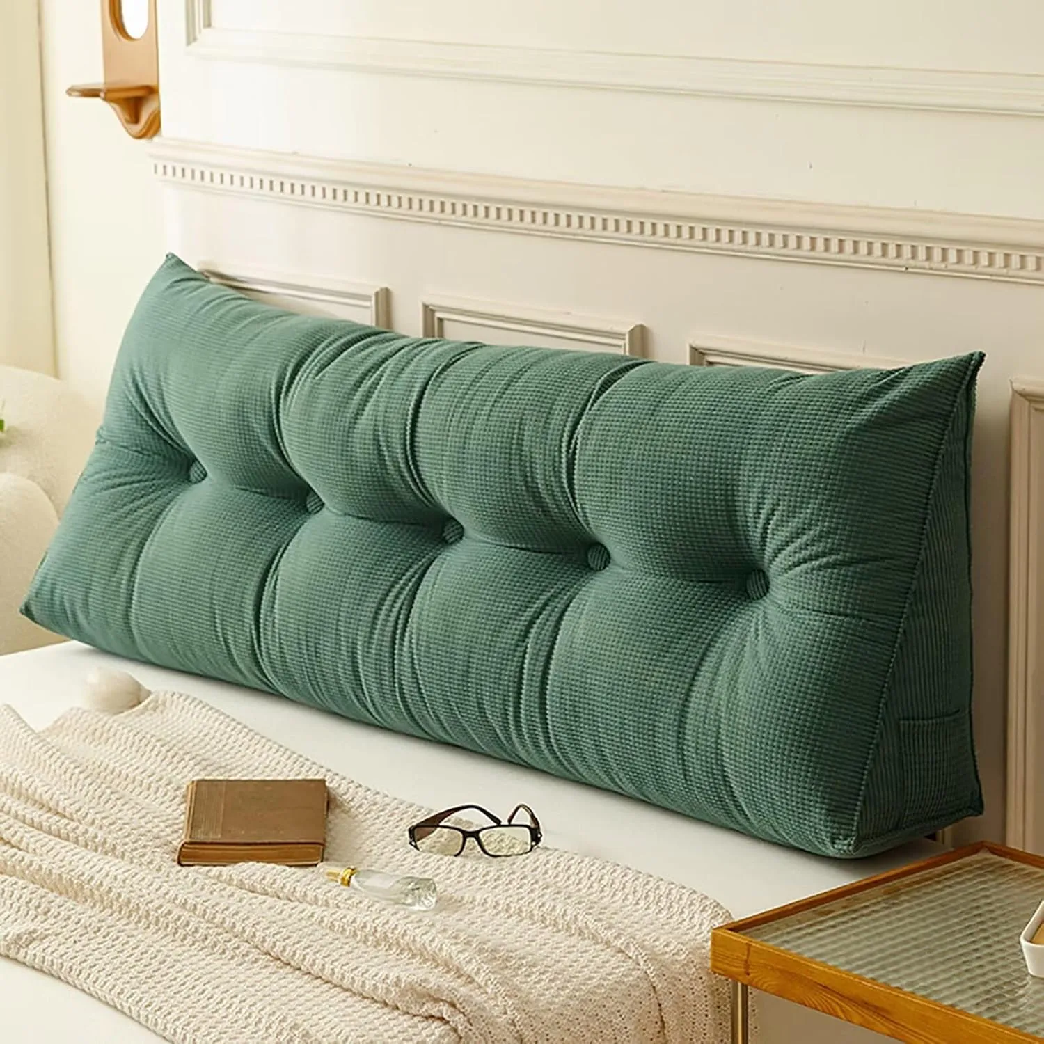 Large Headboard Pillow Triangular Queen, Soft Wedge Pillow Headboard Positioning Support Reading Backrest Pillow for Day Bunk Backrest Support, Dark Green