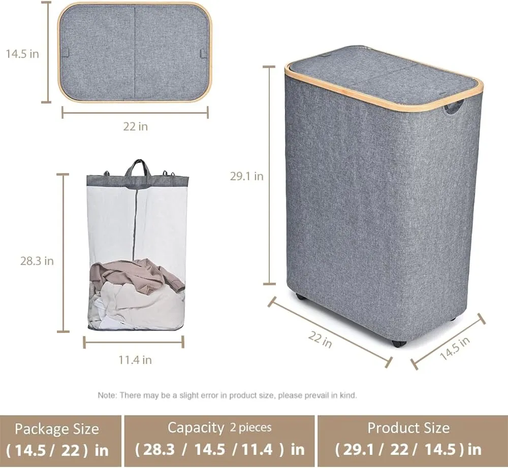 Large Laundry Hamper with Wheels | 144L Collapsible Laundry Basket with Removable Bag | Dirty Clothes Hamper with Lid for Bedroom, Bathroom | CarzyHome Double Rolling Laundry Basket with Handles, Grey