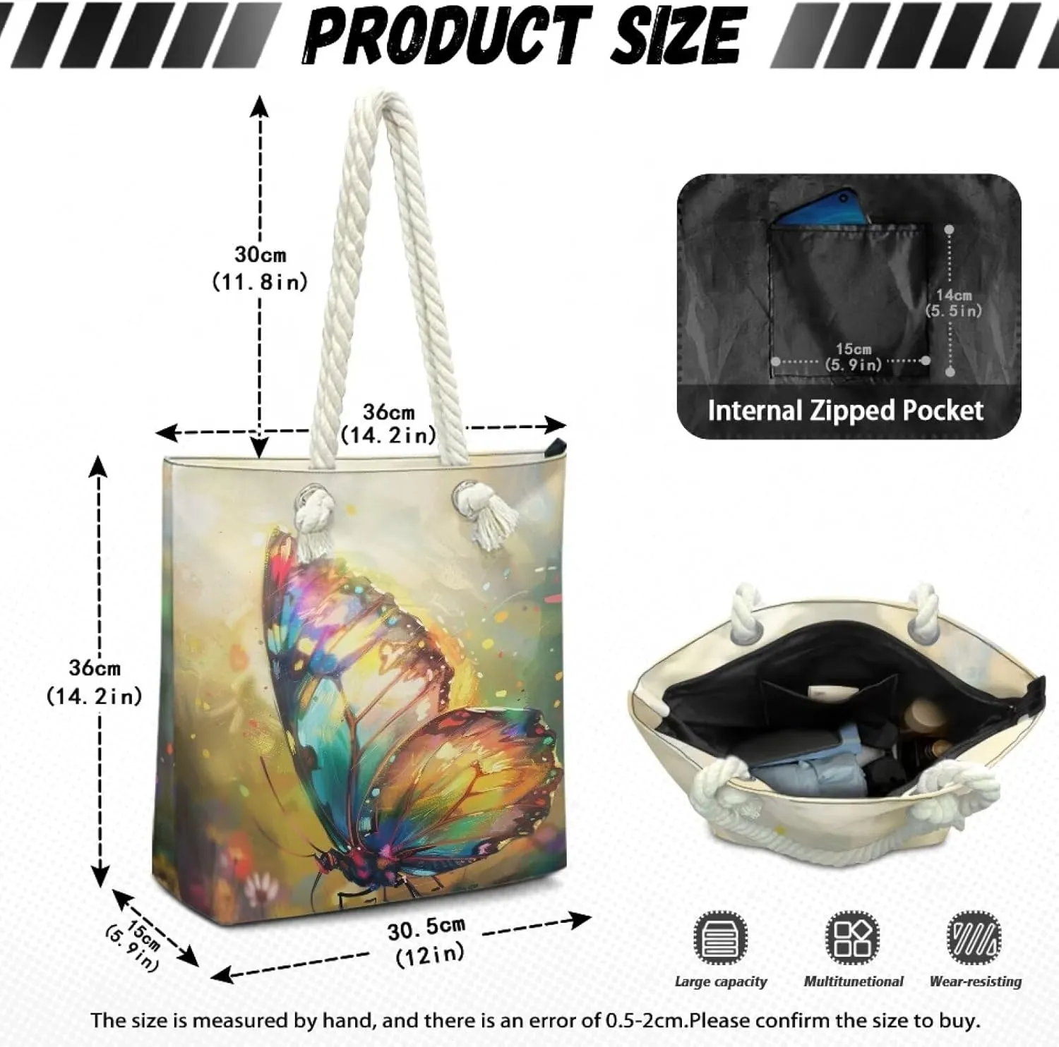 Large Tote Handbags for Women Reusable Grocery Bag Zipper Closure Storage Bag for Daily