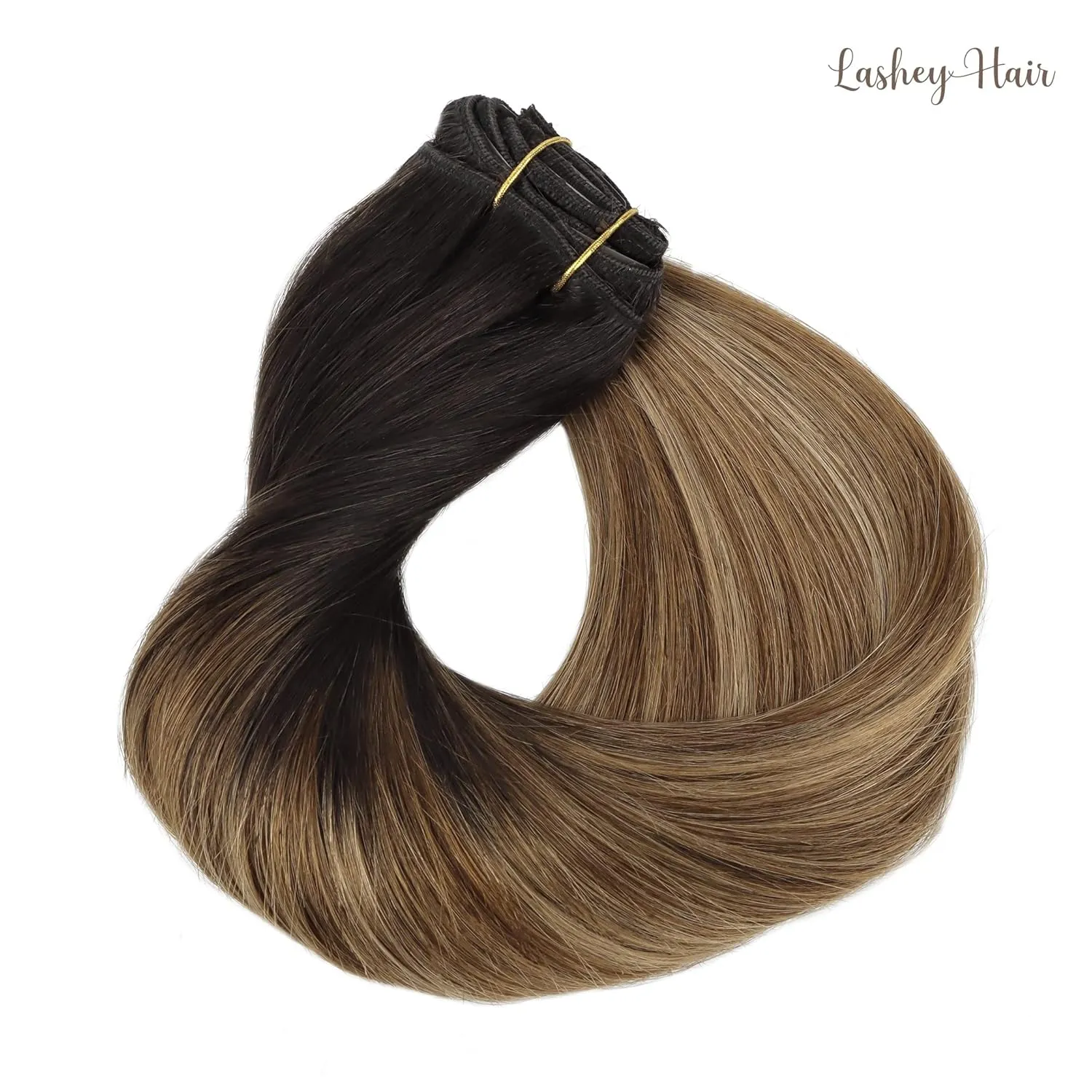 Lashey Clip in Hair Extensions - 20 inch Dark Brown to Chestnut Brown & Dirty Blonde Highlighted Real Human Hair - 120g 7pcs