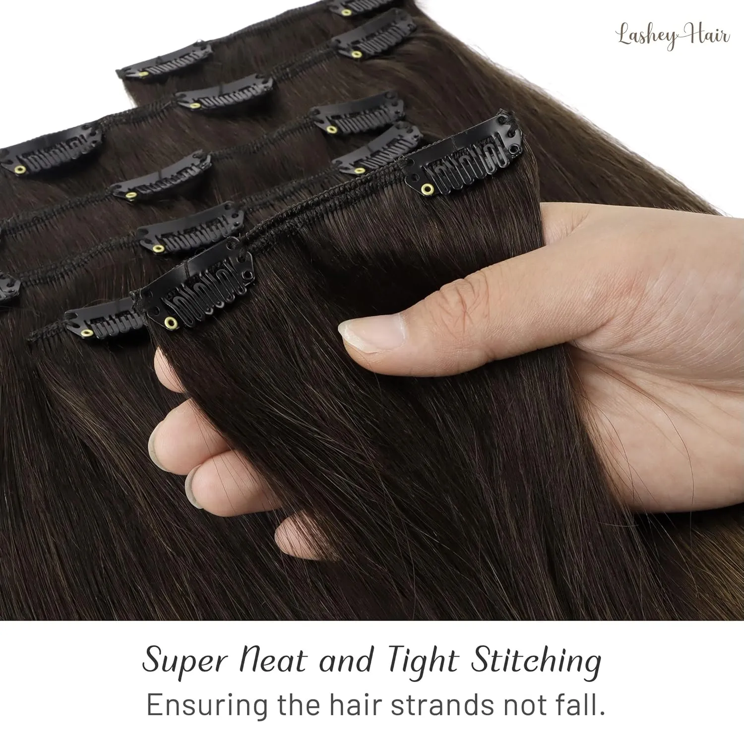 Lashey Clip in Hair Extensions - 20 inch Dark Brown to Chestnut Brown & Dirty Blonde Highlighted Real Human Hair - 120g 7pcs