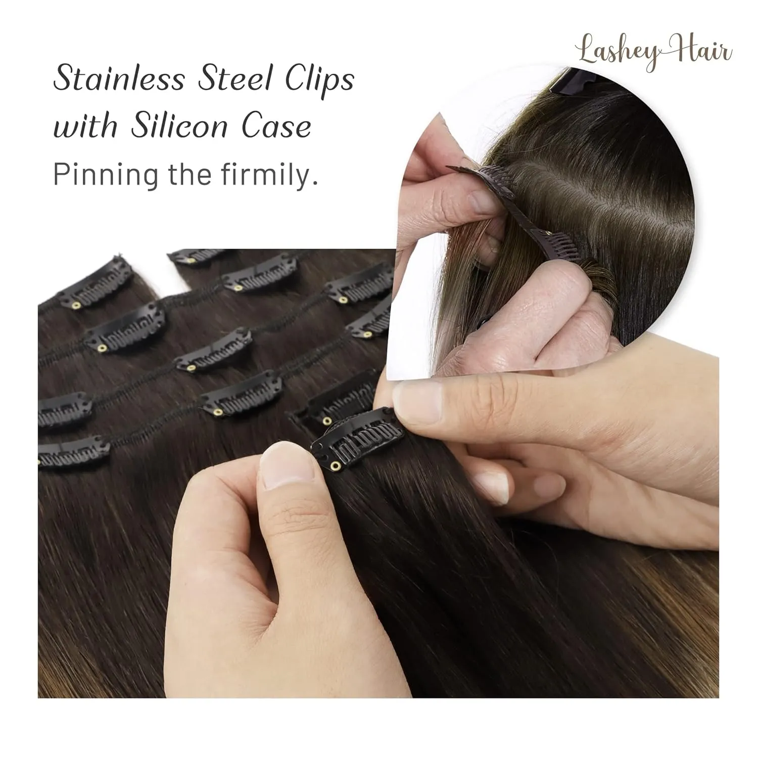Lashey Clip in Hair Extensions - 20 inch Dark Brown to Chestnut Brown & Dirty Blonde Highlighted Real Human Hair - 120g 7pcs