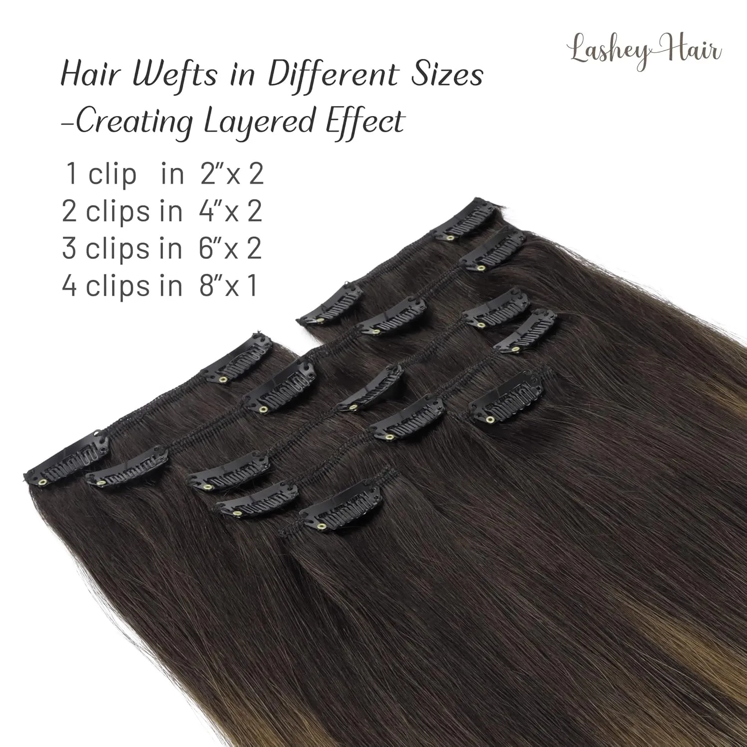 Lashey Clip in Hair Extensions - 20 inch Dark Brown to Chestnut Brown & Dirty Blonde Highlighted Real Human Hair - 120g 7pcs