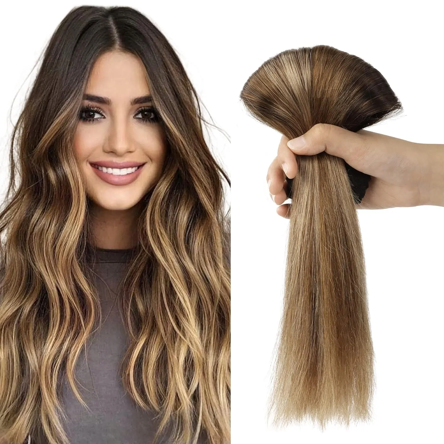 Lashey Clip in Hair Extensions - 20 inch Dark Brown to Chestnut Brown & Dirty Blonde Highlighted Real Human Hair - 120g 7pcs