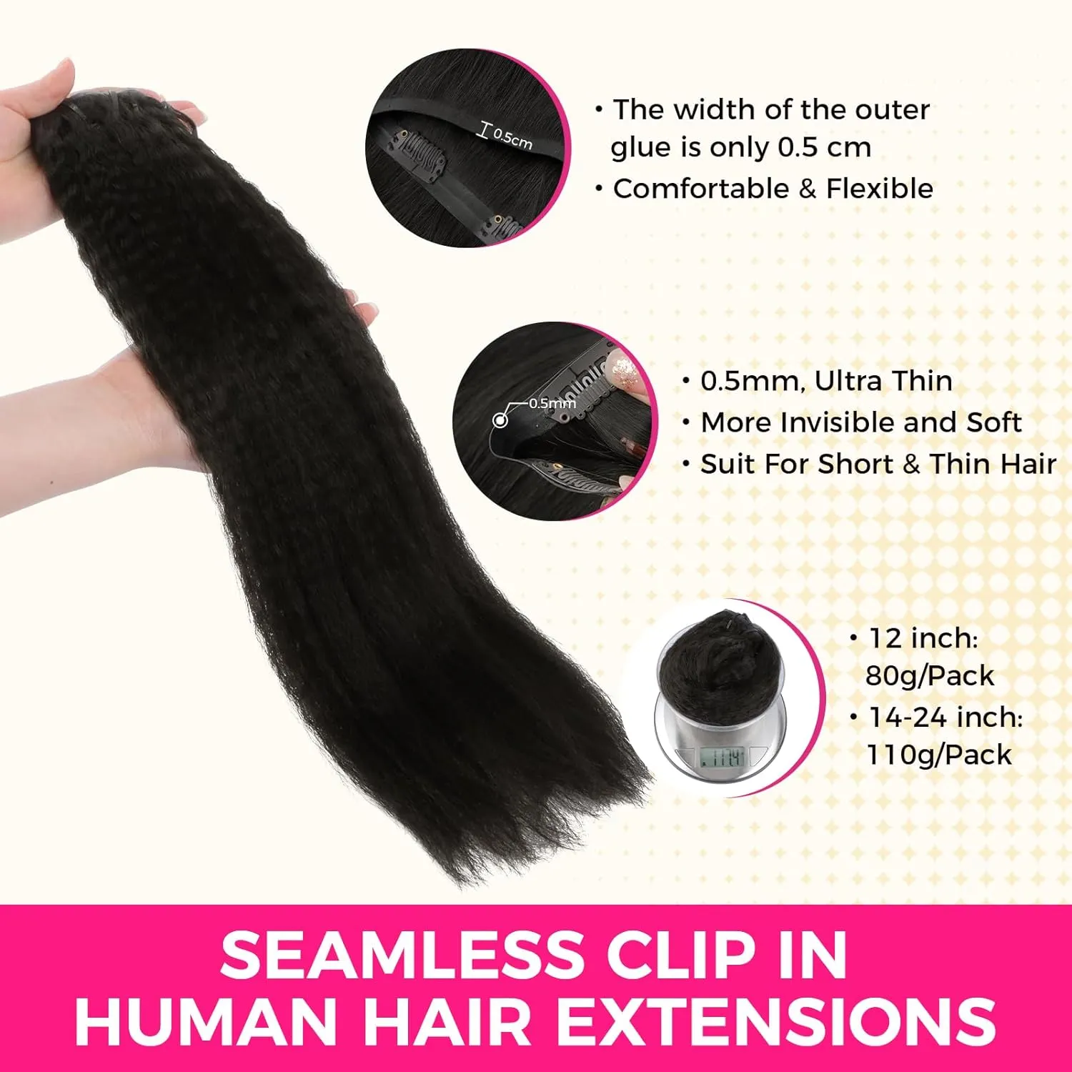 Lashey Hair Extensions Seamless Clip in Real Human Hair Natural Black 18 Inch 110g 7Pcs Kinky Staight Human Hair Extensions Skin Weft Remy Hair for Black Women