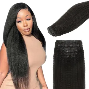 Lashey Hair Extensions Seamless Clip in Real Human Hair Natural Black 18 Inch 110g 7Pcs Kinky Staight Human Hair Extensions Skin Weft Remy Hair for Black Women