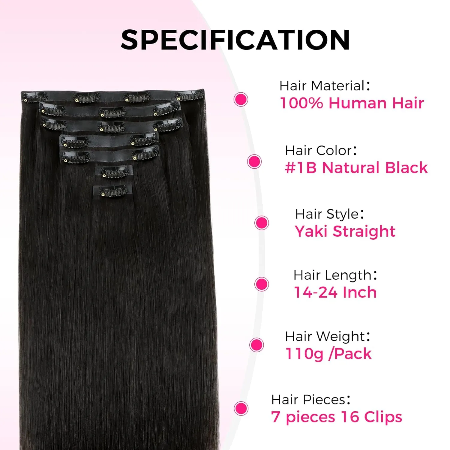 Lashey Invisi Edge Clip in Hair Extensions 14 Inch 110g 7pcs Injected Seamless PU Clip in Hair Extensions Virgin Human Hair, Natural Black Yaki Straight Hair