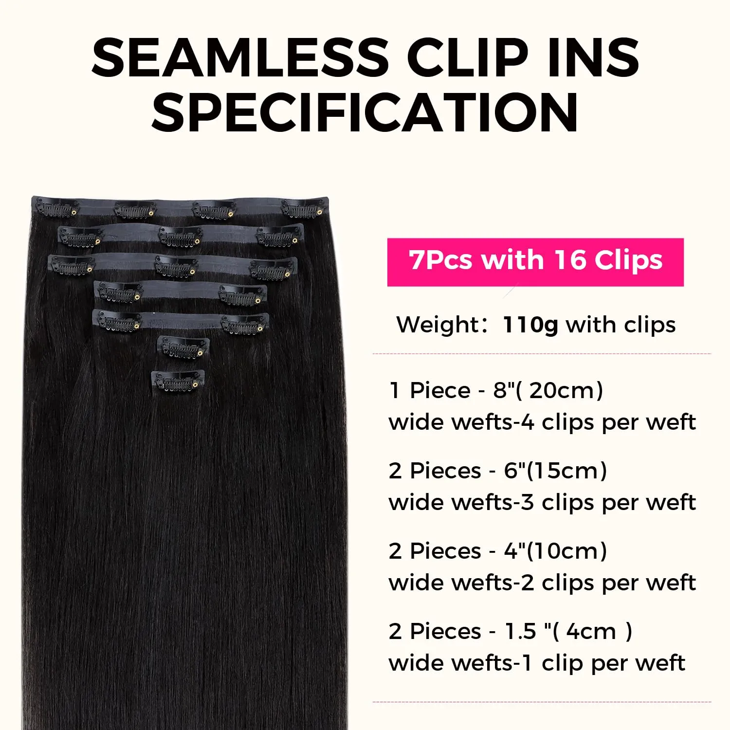 Lashey Seamless Clip in Hair Extensions Human Hair #1 Jet Black Light Yaki Straight Clip in Hair Extensions Real Human Hair 7pcs 110g 16 Inch PU Weft Natural Hair Extensions for Women