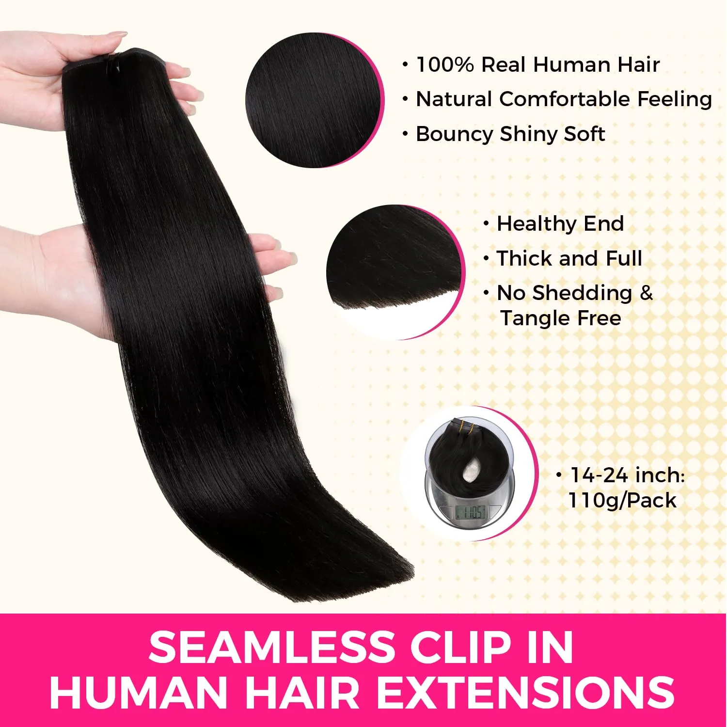 Lashey Seamless Clip in Hair Extensions Human Hair #1 Jet Black Light Yaki Straight Clip in Hair Extensions Real Human Hair 7pcs 110g 16 Inch PU Weft Natural Hair Extensions for Women
