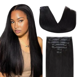 Lashey Seamless Clip in Hair Extensions Human Hair #1 Jet Black Light Yaki Straight Clip in Hair Extensions Real Human Hair 7pcs 110g 16 Inch PU Weft Natural Hair Extensions for Women