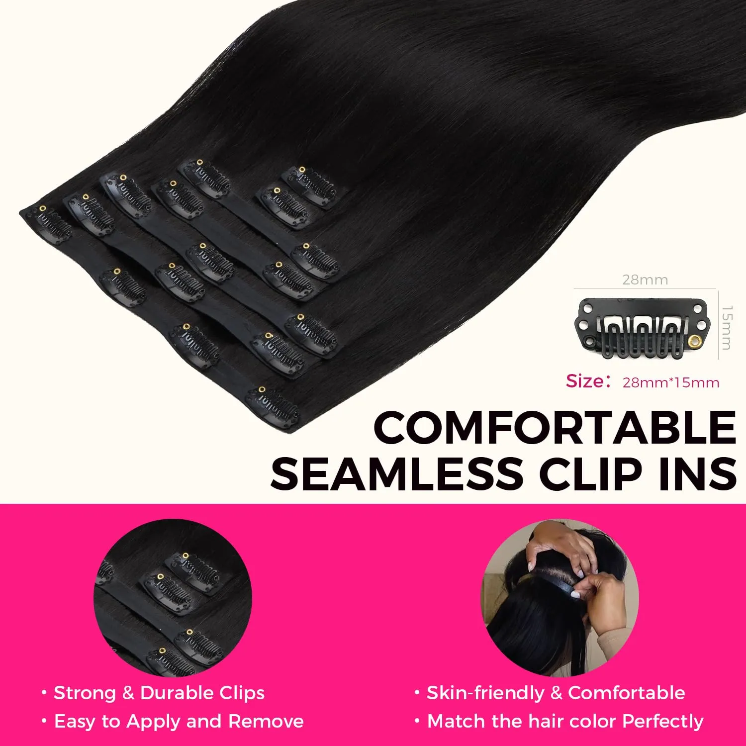 Lashey Seamless Clip in Hair Extensions Human Hair #1 Jet Black Light Yaki Straight Clip in Hair Extensions Real Human Hair 7pcs 110g 16 Inch PU Weft Natural Hair Extensions for Women