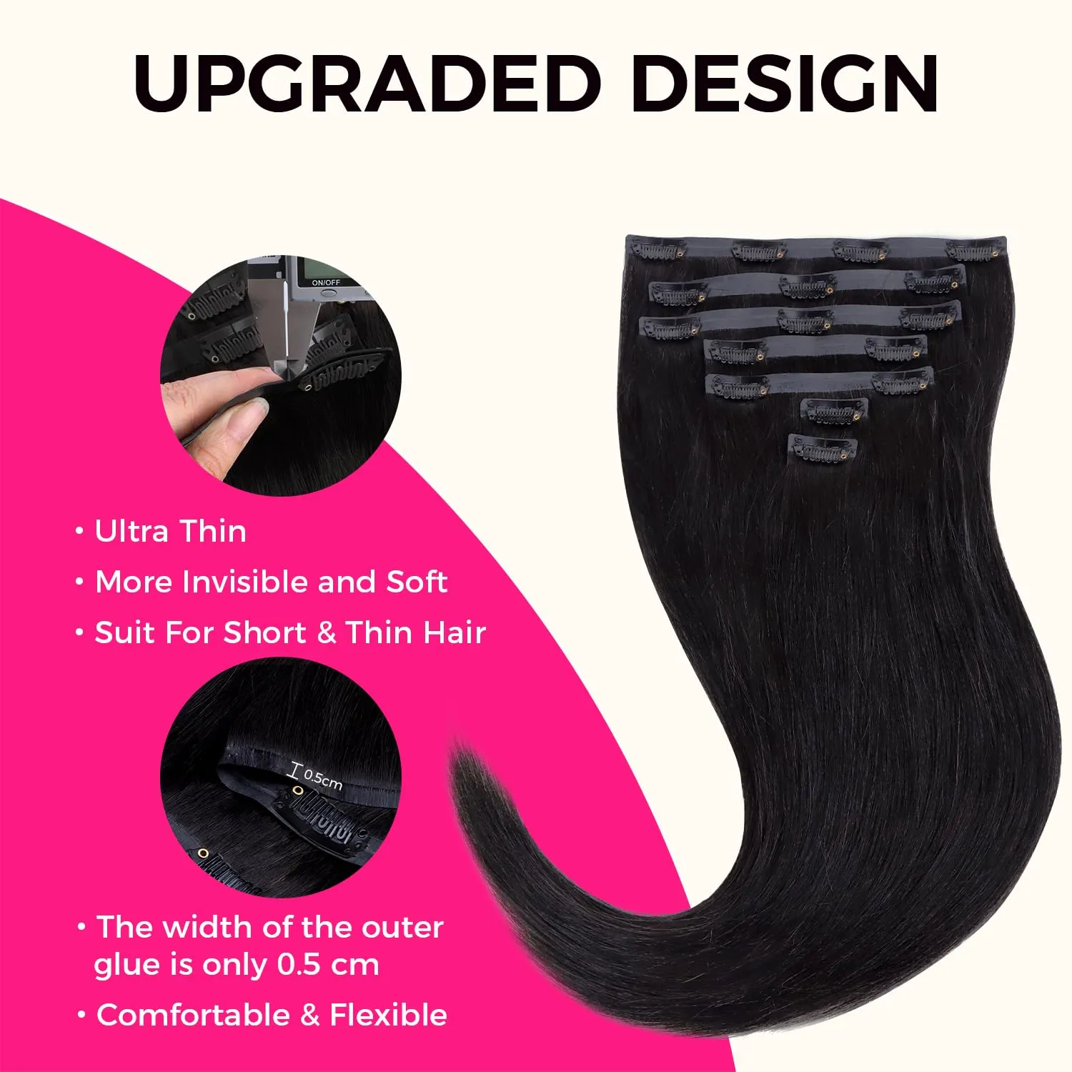 Lashey Seamless Clip in Hair Extensions Human Hair #1 Jet Black Light Yaki Straight Clip in Hair Extensions Real Human Hair 7pcs 110g 16 Inch PU Weft Natural Hair Extensions for Women