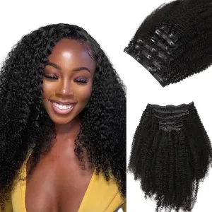 Lashey Seamless Clip in Hair Extensions Real Human Hair 16 Inch 110g 7pcs Afro Kinky Curly Human Hair Clip In Extensions 4C Natural Black Hair