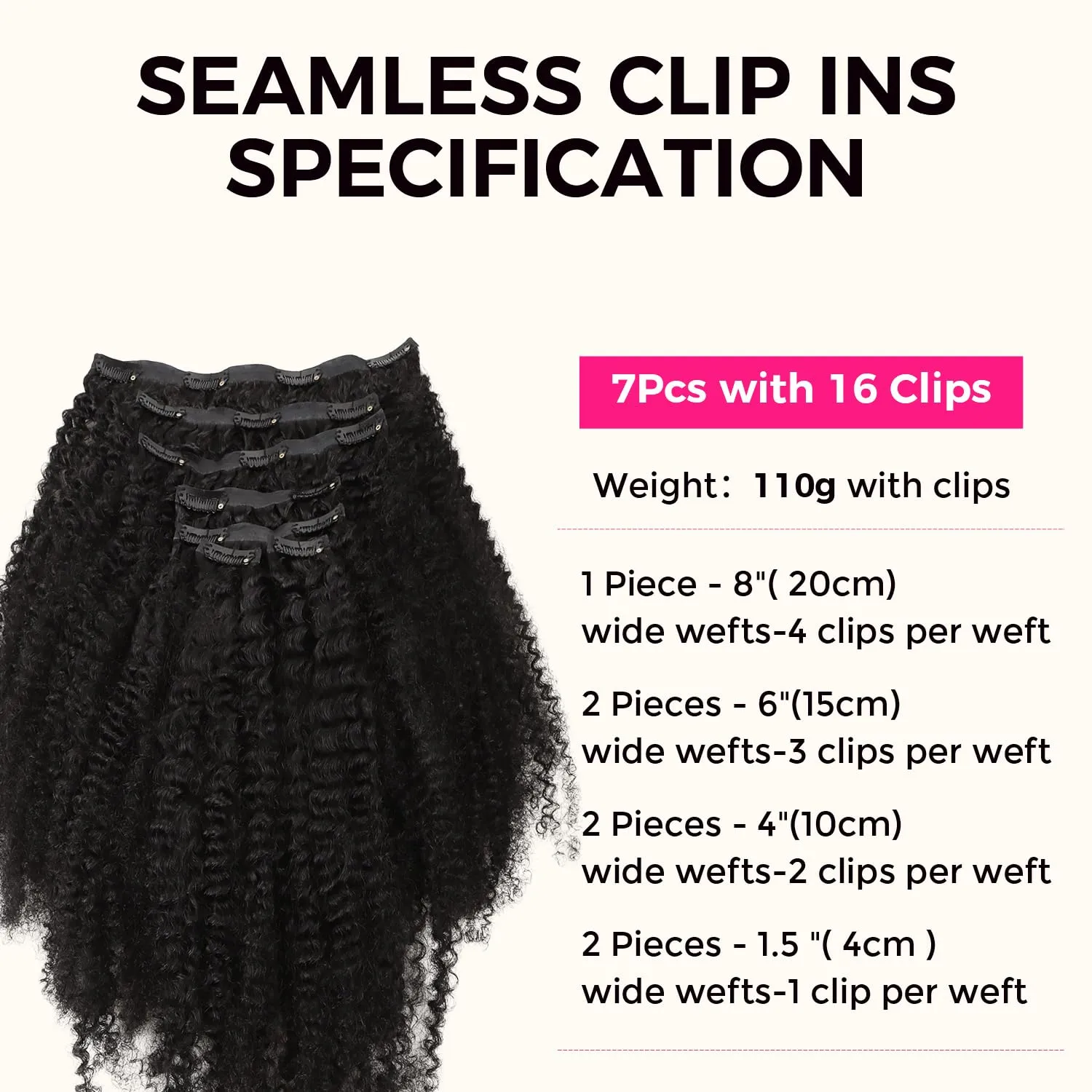 Lashey Seamless Clip in Hair Extensions Real Human Hair 16 Inch 110g 7pcs Afro Kinky Curly Human Hair Clip In Extensions 4C Natural Black Hair