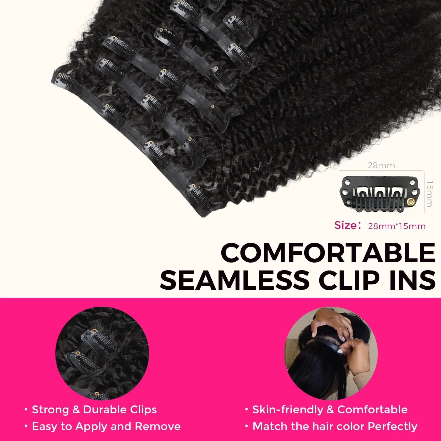 Lashey Seamless Clip in Hair Extensions Real Human Hair 16 Inch 110g 7pcs Afro Kinky Curly Human Hair Clip In Extensions 4C Natural Black Hair