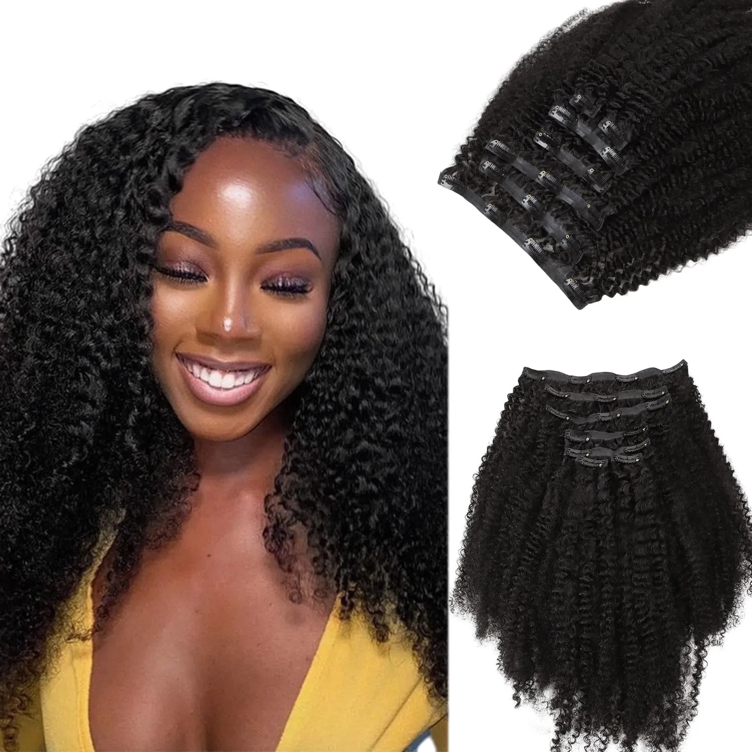 Lashey Seamless Clip in Hair Extensions Real Human Hair 16 Inch 110g 7pcs Afro Kinky Curly Human Hair Clip In Extensions 4C Natural Black Hair