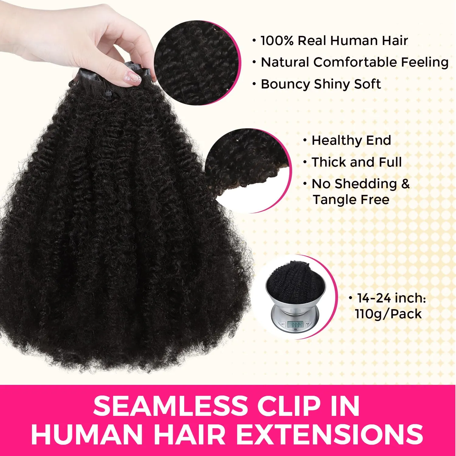 Lashey Seamless Clip in Hair Extensions Real Human Hair 16 Inch 110g 7pcs Afro Kinky Curly Human Hair Clip In Extensions 4C Natural Black Hair