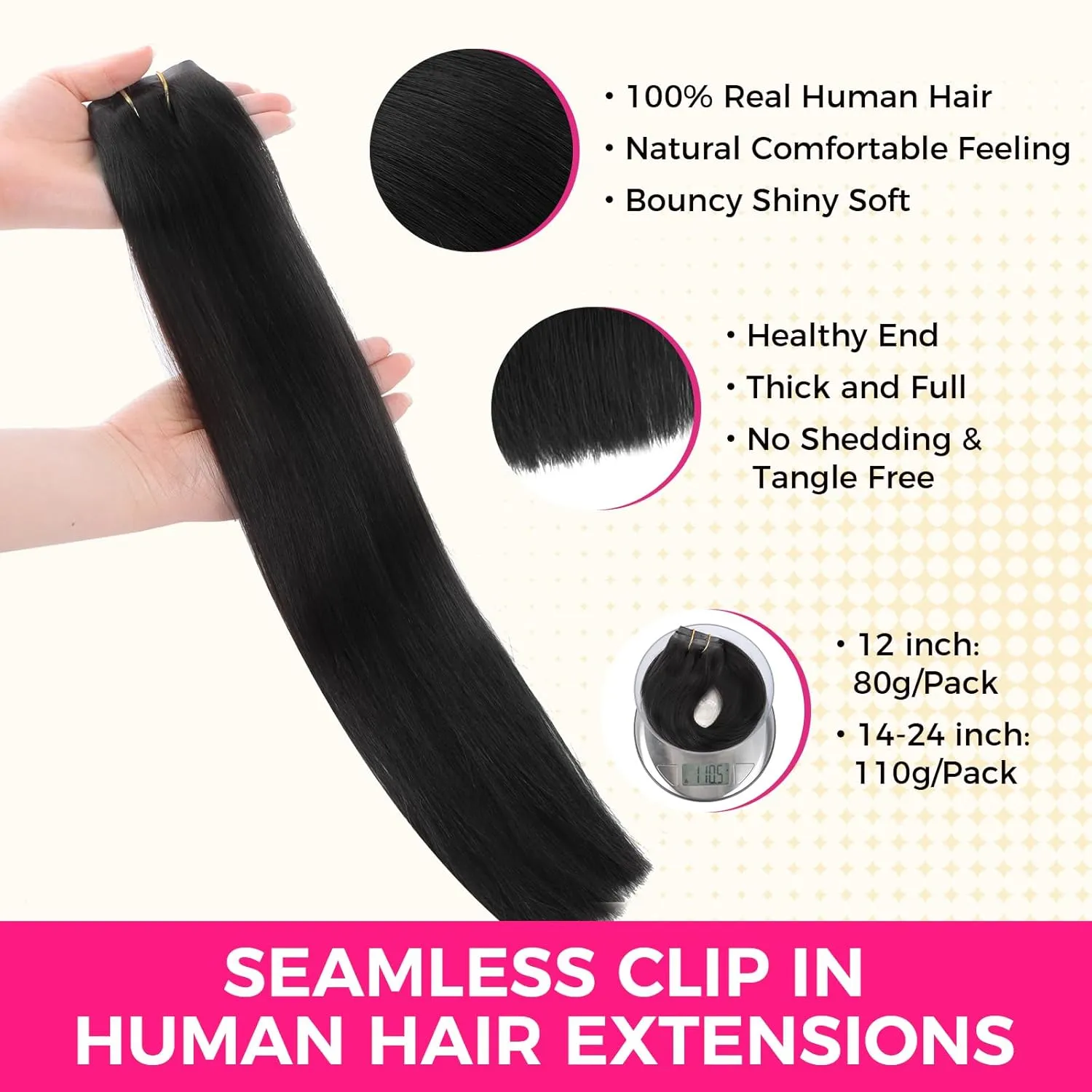 Lashey Seamless Clip in Hair Extensions Real Human Hair, Straight 7pcs 110g 16 Inch #1 Jet Black Remy Human Hair Clip in Hair Extensions with Invisible PU Weft
