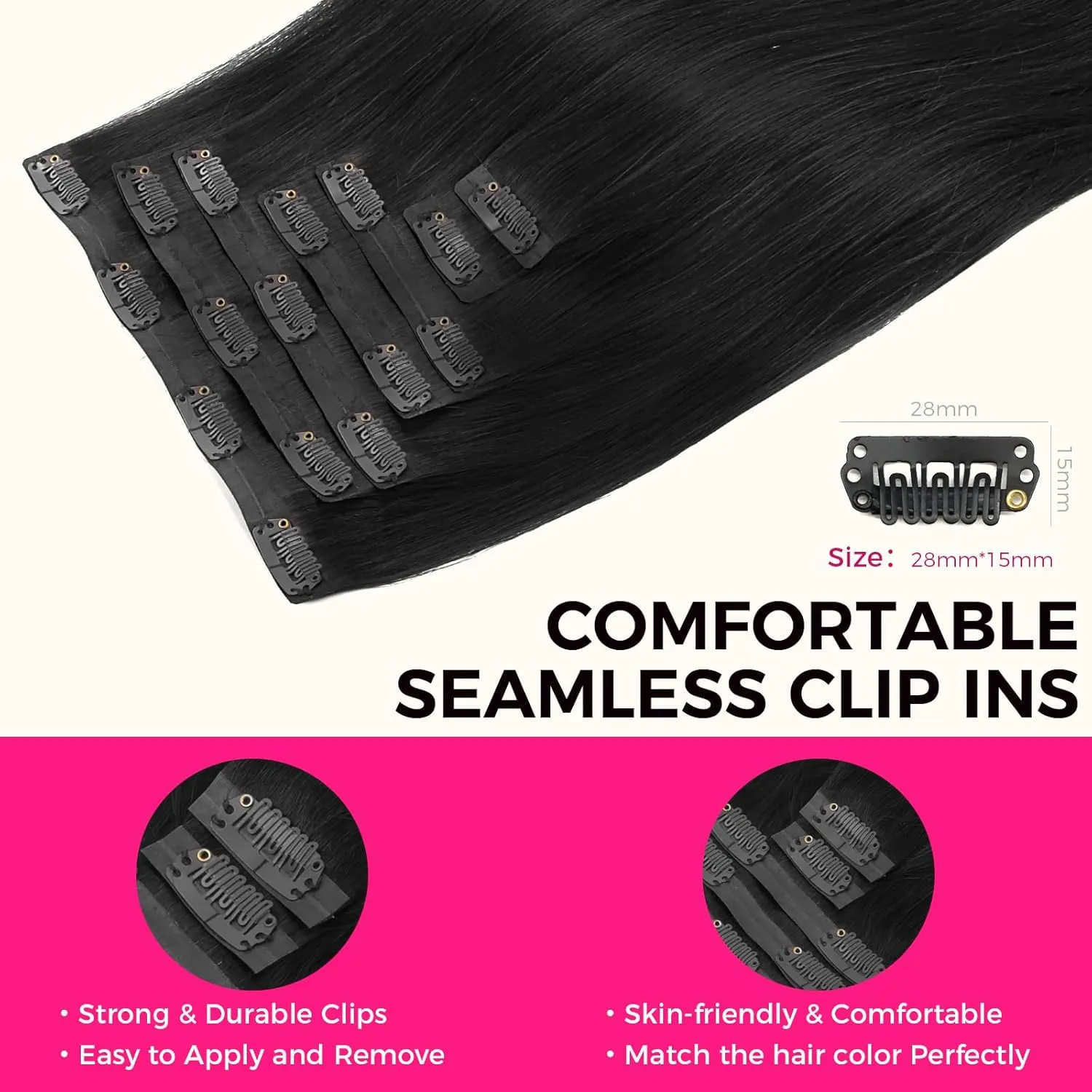 Lashey Seamless Clip in Hair Extensions Real Human Hair, Straight 7pcs 110g 16 Inch #1 Jet Black Remy Human Hair Clip in Hair Extensions with Invisible PU Weft