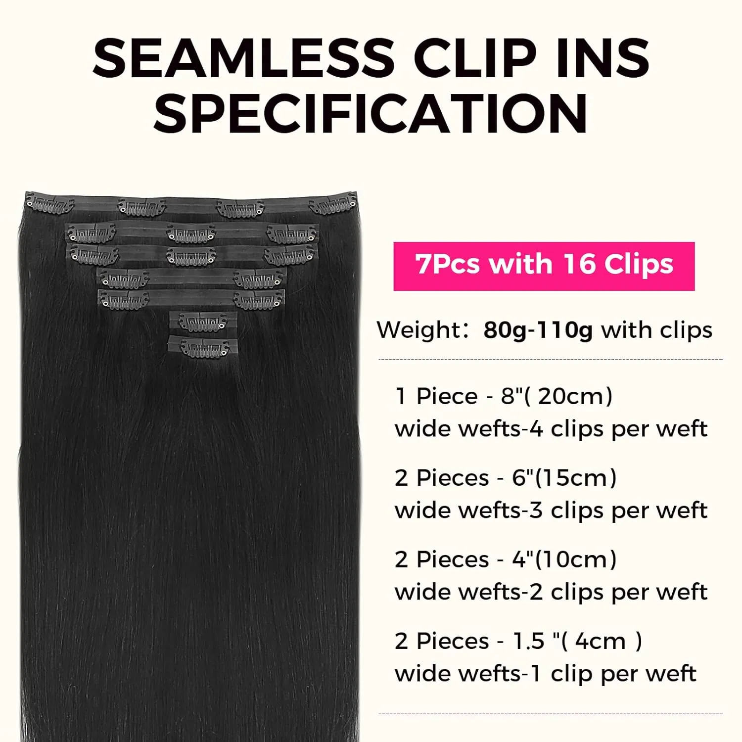 Lashey Seamless Clip in Hair Extensions Real Human Hair, Straight 7pcs 110g 16 Inch #1 Jet Black Remy Human Hair Clip in Hair Extensions with Invisible PU Weft