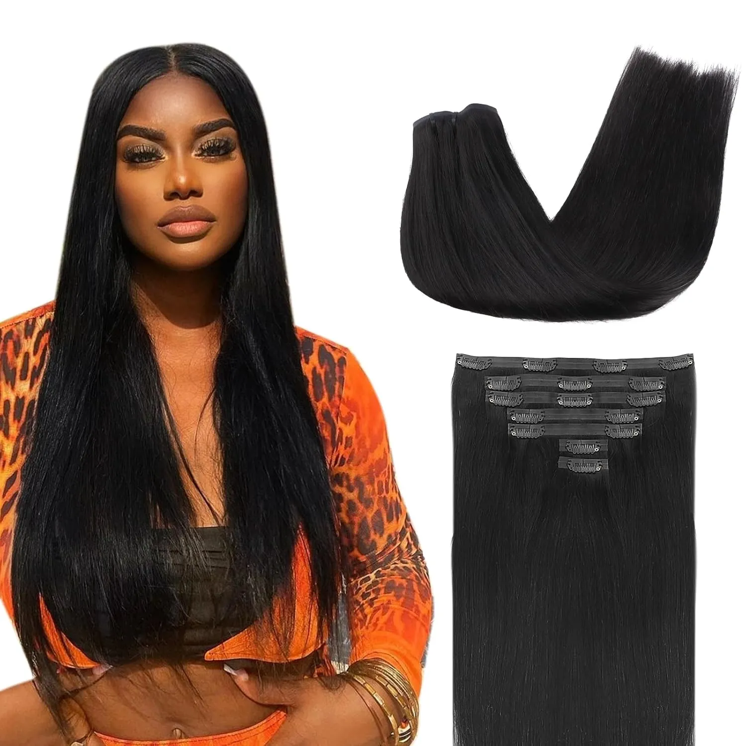 Lashey Seamless Clip in Hair Extensions Real Human Hair, Straight 7pcs 110g 16 Inch #1 Jet Black Remy Human Hair Clip in Hair Extensions with Invisible PU Weft