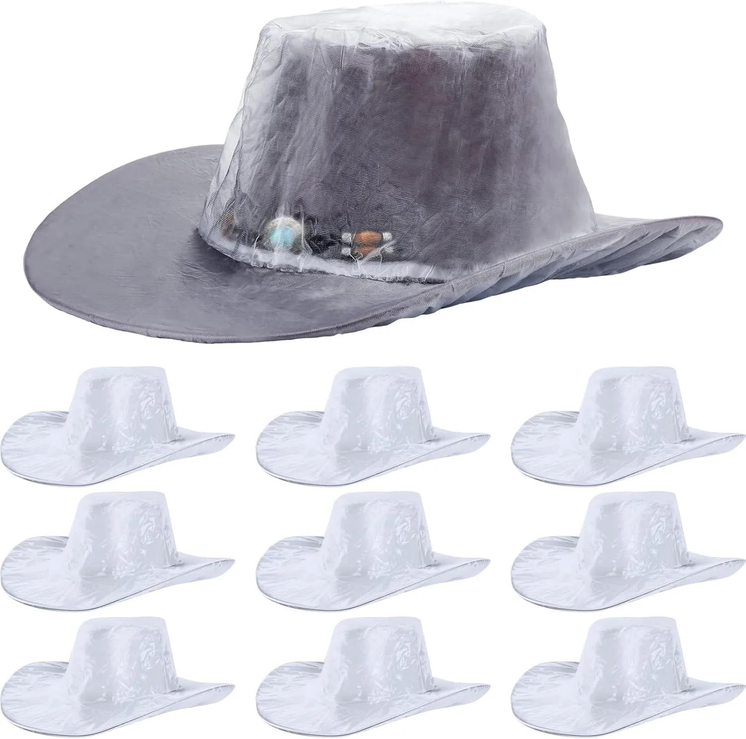 Lasnten 10 Pcs XL Cowboy Hat Cover Protector Plastic Waterproof Hat Elastic Rain Cover Unisex Travel Western Storage