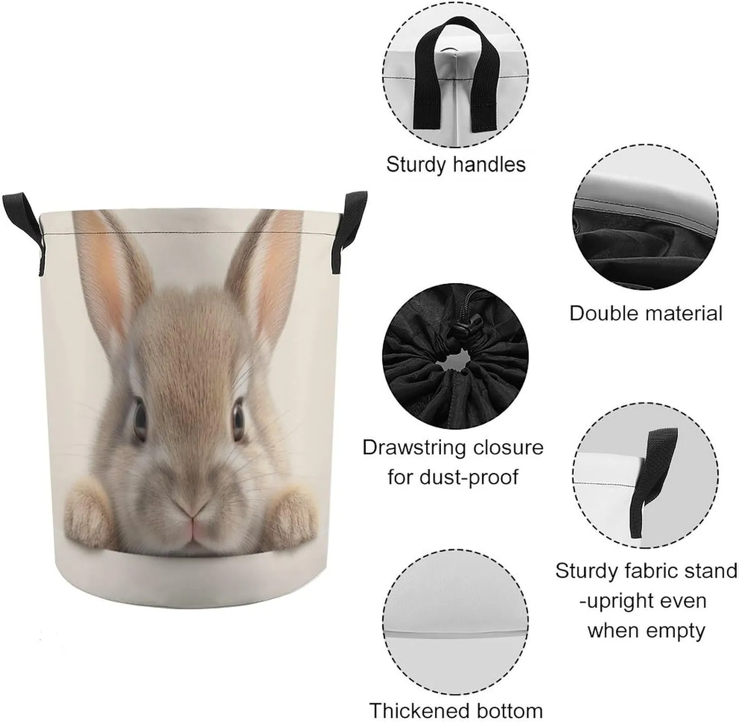 Laundry Hampers, Large Drawstring Laundry Bag, Removable Laundry Bags, Collapsible Storage Bin with Handles for Home Organization, Kids Room, Nursery Rabbit