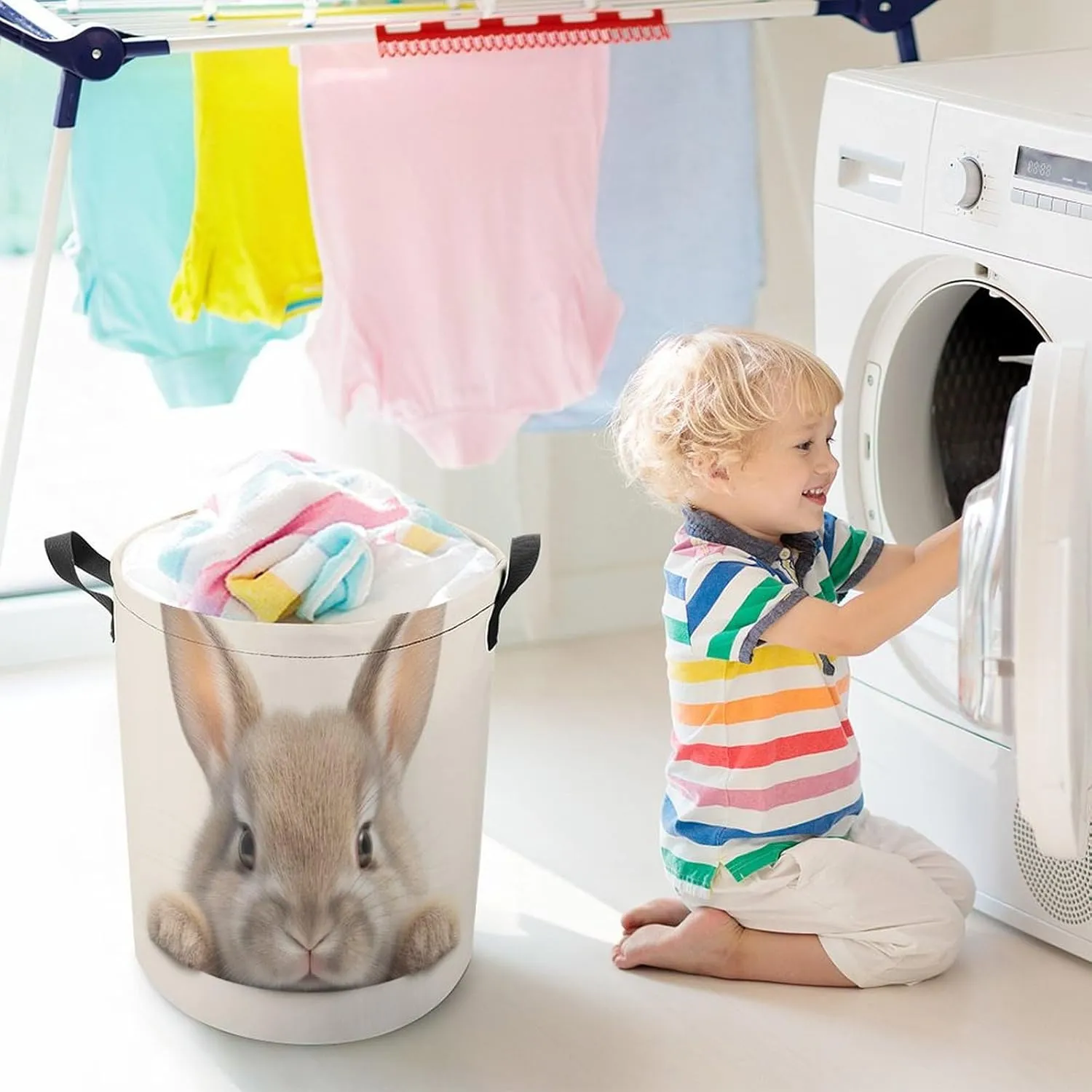 Laundry Hampers, Large Drawstring Laundry Bag, Removable Laundry Bags, Collapsible Storage Bin with Handles for Home Organization, Kids Room, Nursery Rabbit