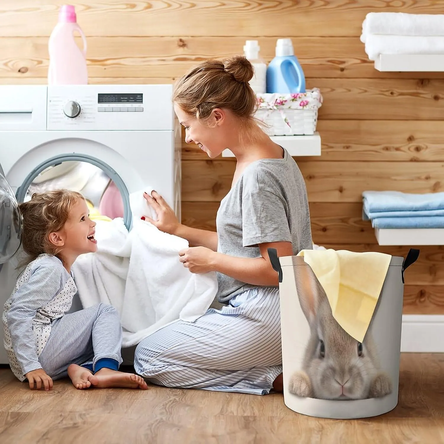 Laundry Hampers, Large Drawstring Laundry Bag, Removable Laundry Bags, Collapsible Storage Bin with Handles for Home Organization, Kids Room, Nursery Rabbit