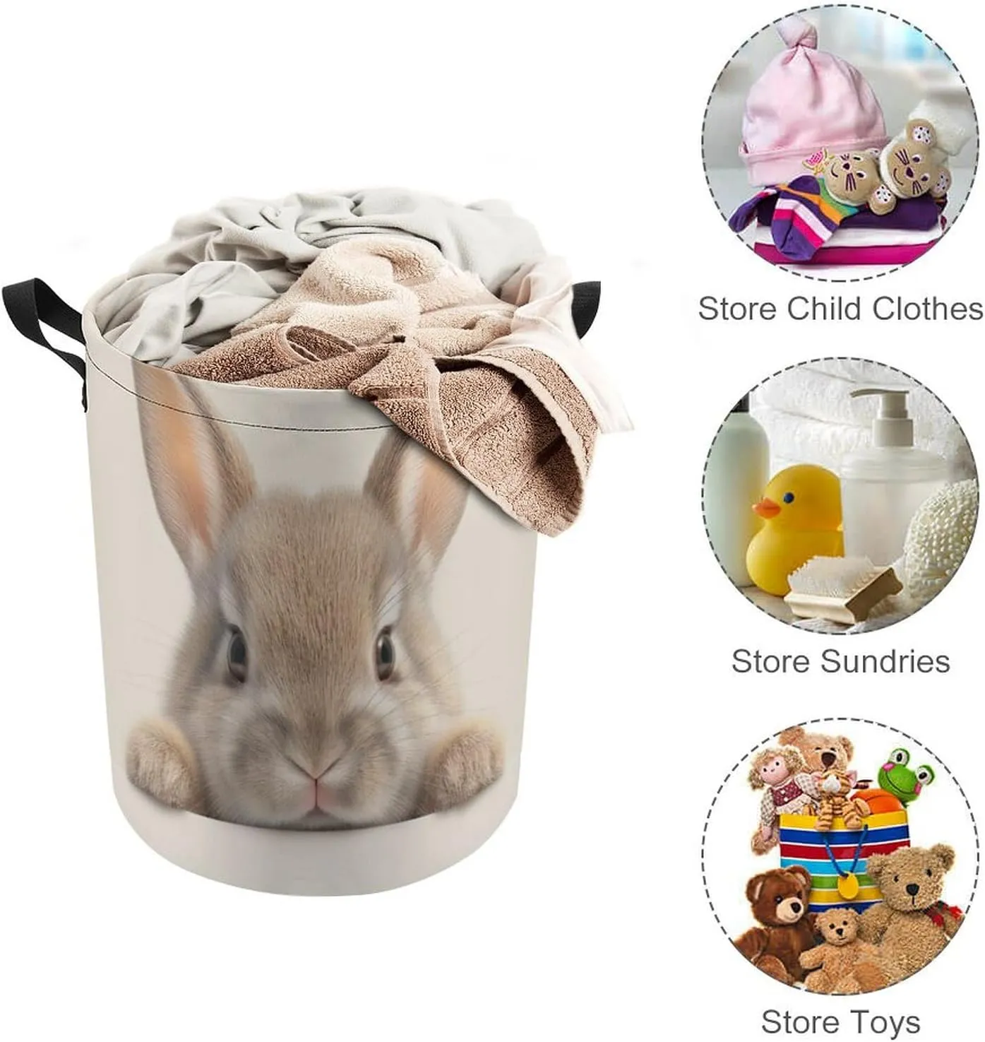 Laundry Hampers, Large Drawstring Laundry Bag, Removable Laundry Bags, Collapsible Storage Bin with Handles for Home Organization, Kids Room, Nursery Rabbit