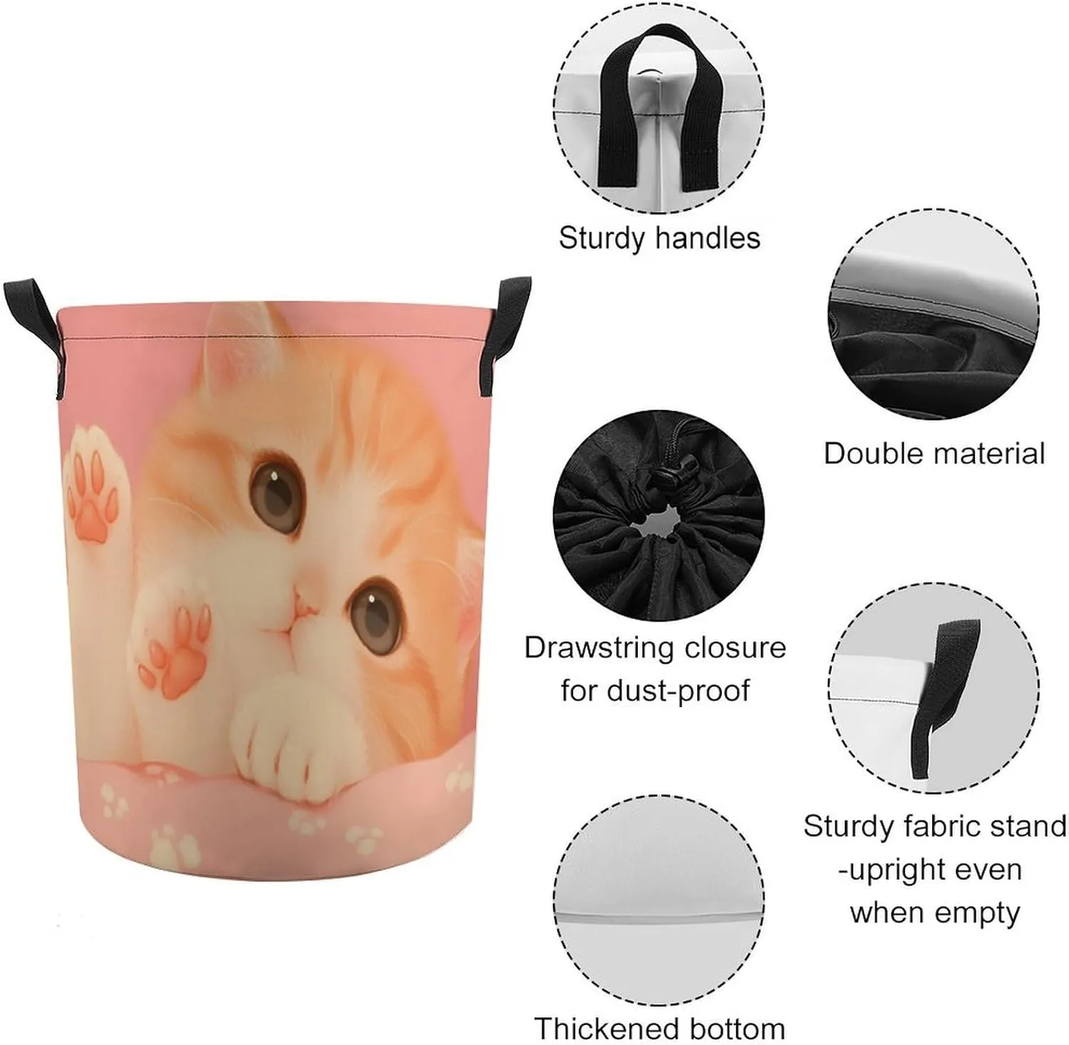 Laundry Hampers, Large Drawstring Laundry Bag, Removable Laundry Bags, Collapsible Storage Bin with Handles for Home Organization, Kids Room, Nursery Whiskers
