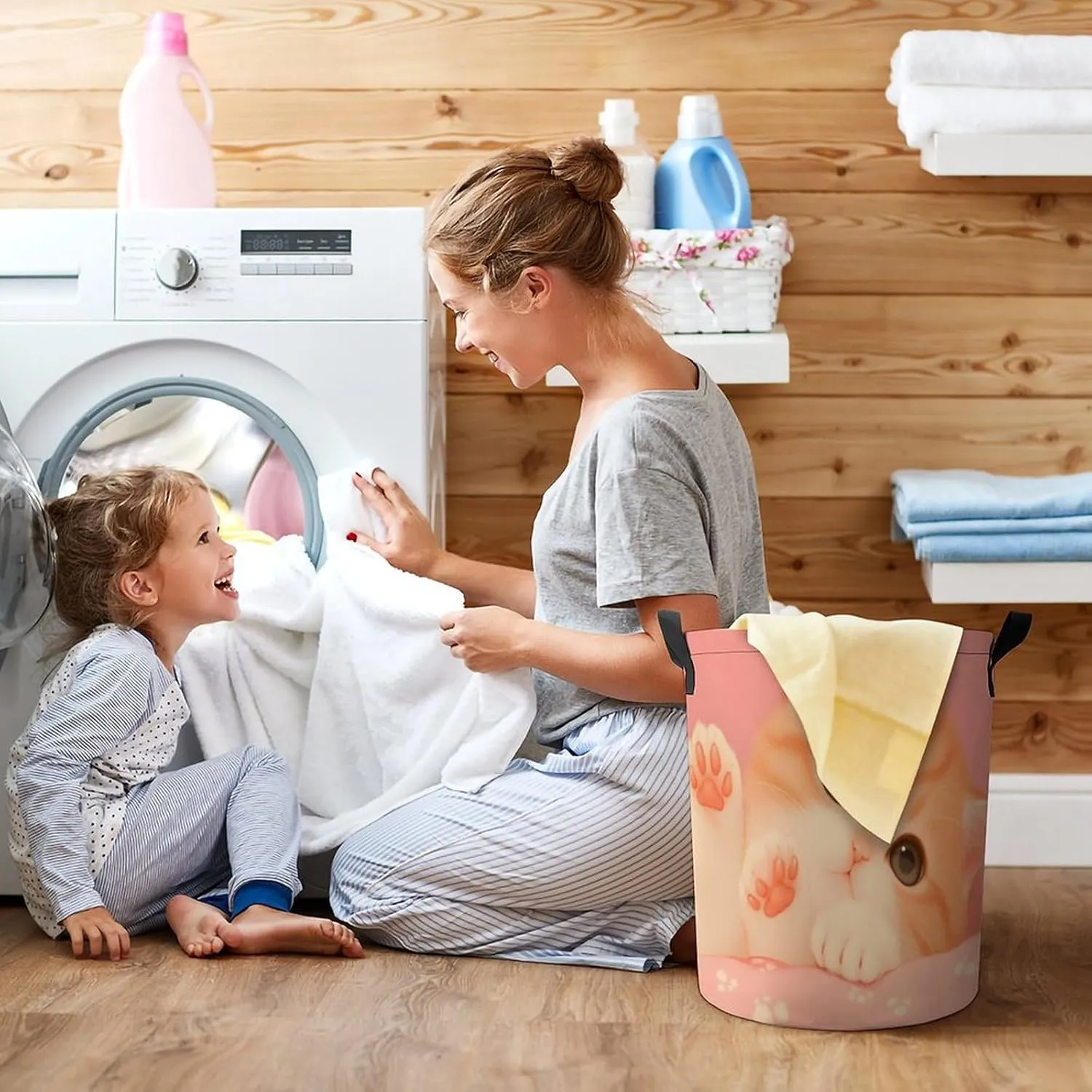 Laundry Hampers, Large Drawstring Laundry Bag, Removable Laundry Bags, Collapsible Storage Bin with Handles for Home Organization, Kids Room, Nursery Whiskers