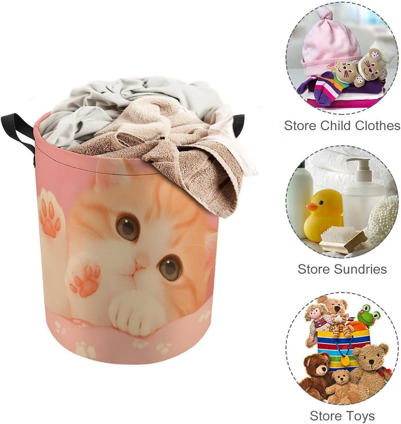 Laundry Hampers, Large Drawstring Laundry Bag, Removable Laundry Bags, Collapsible Storage Bin with Handles for Home Organization, Kids Room, Nursery Whiskers