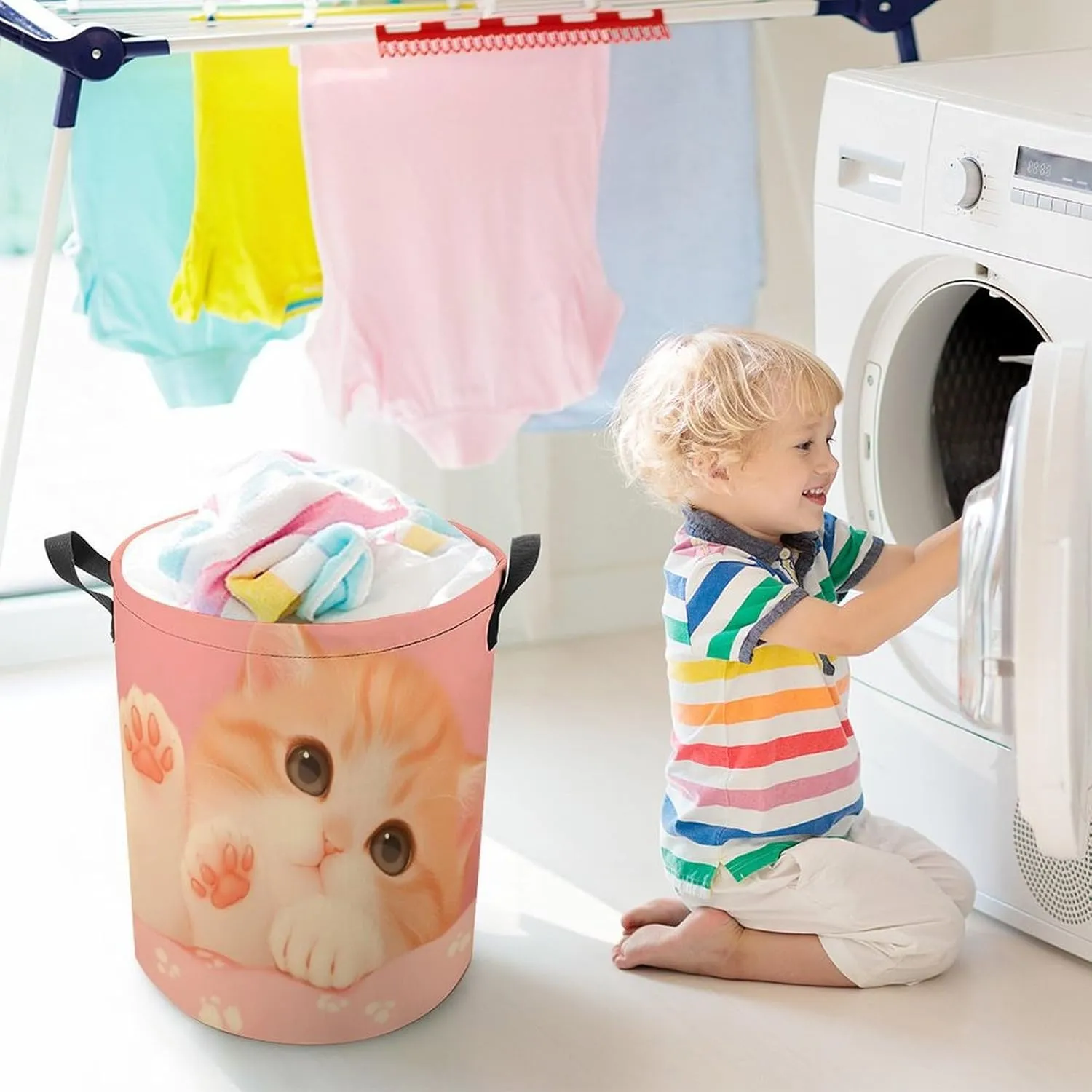 Laundry Hampers, Large Drawstring Laundry Bag, Removable Laundry Bags, Collapsible Storage Bin with Handles for Home Organization, Kids Room, Nursery Whiskers