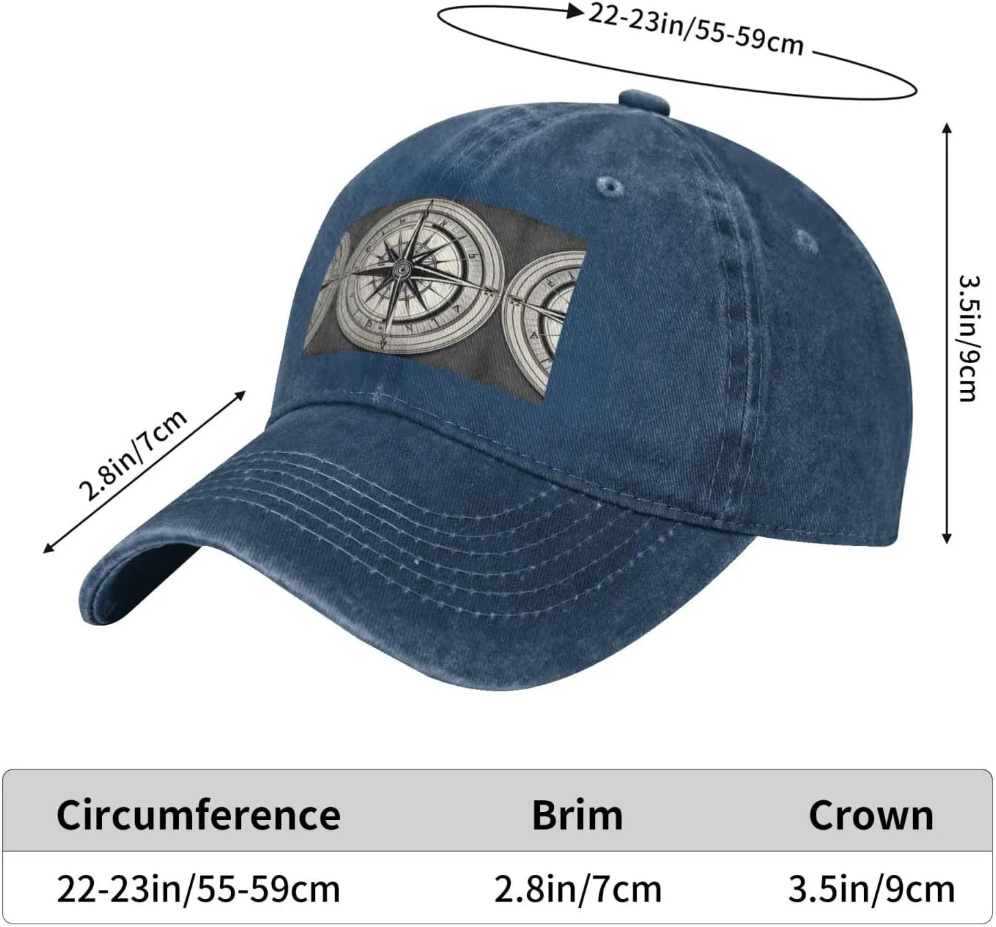 Law of The Compass Navigation 1 Print Denim Baseball Cap Unisex Sun Hat Outdoor Sports Cap fit for All Seasons Easy to Carry
