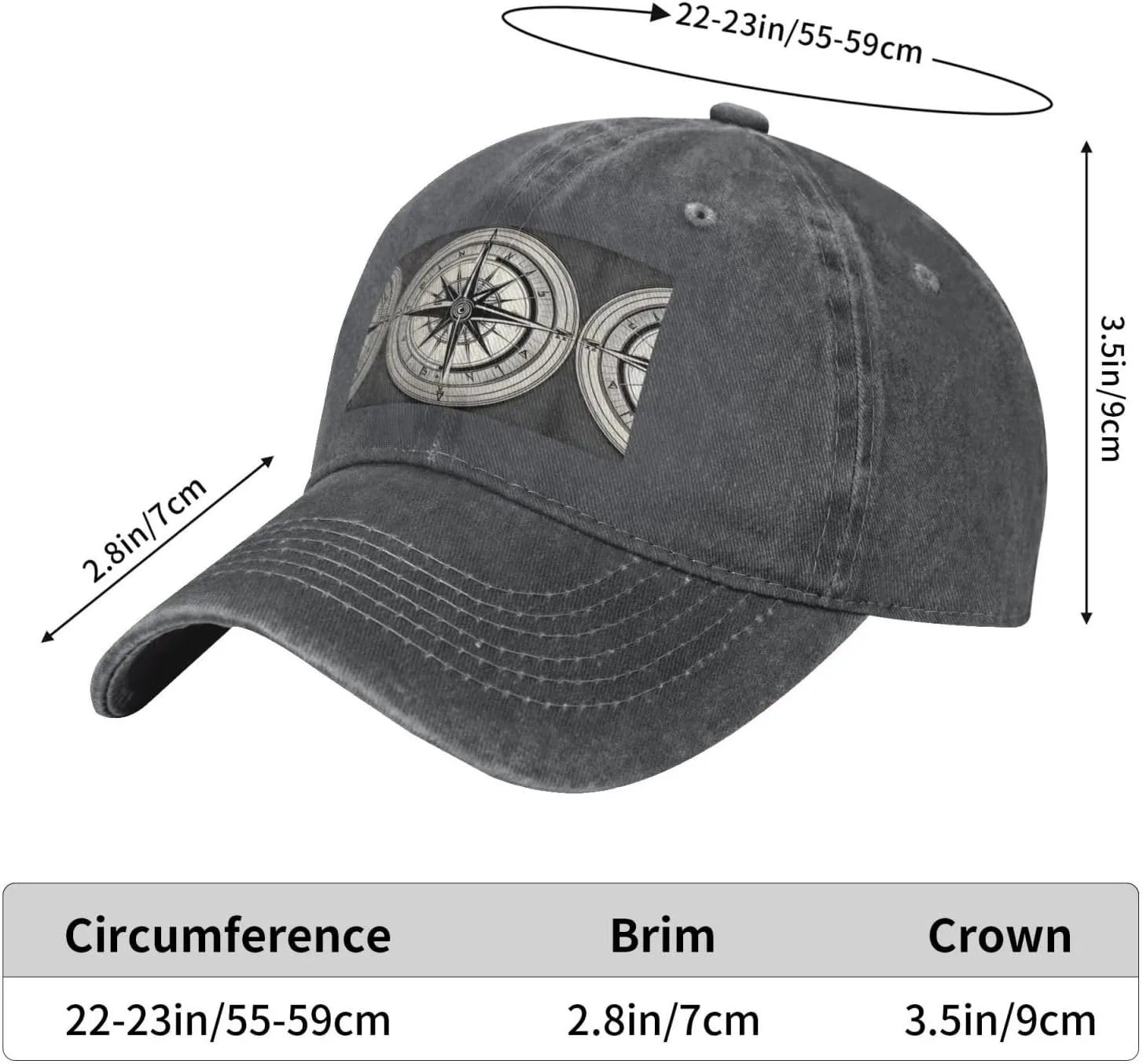 Law of The Compass Navigation 1 Print Denim Baseball Cap Unisex Sun Hat Outdoor Sports Cap fit for All Seasons Easy to Carry