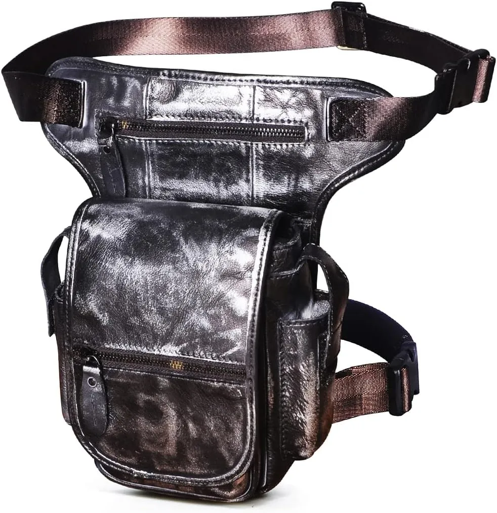 Le'aokuu Mens Genuine Leather Climbing Cycling Belt Waist Bag Hip Bum Fanny Pack Drop Leg Bag