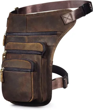 Le'aokuu Mens Genuine Leather Motorcycle Tactic Fanny Belt Waist Pack Drop Leg Cross Over Bag