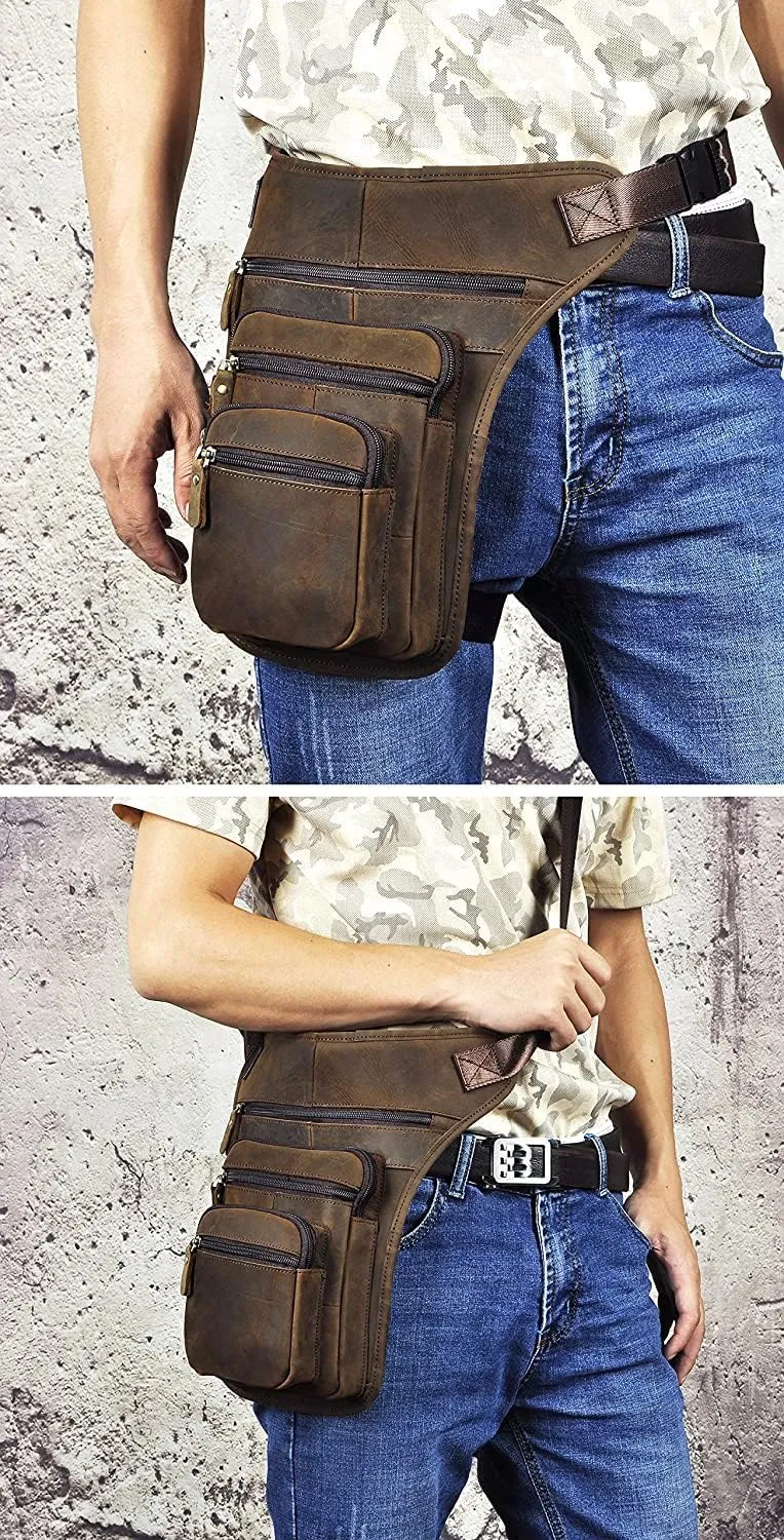 Le'aokuu Mens Genuine Leather Motorcycle Tactic Fanny Belt Waist Pack Drop Leg Cross Over Bag