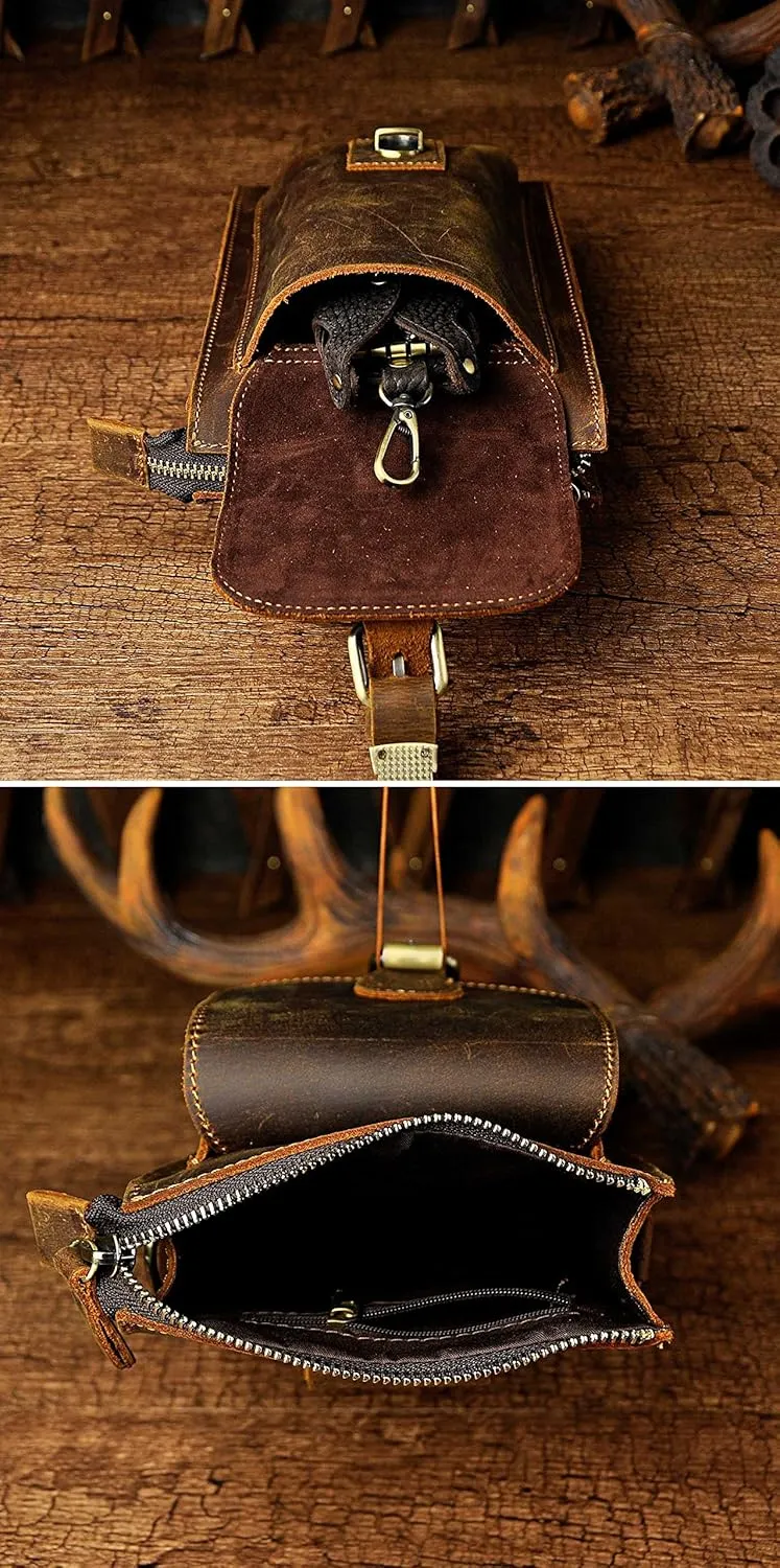 Le'aokuu Mens Genuine Leather Small Messenger Shoulder Satchel Phone Pouch Belt Fanny Waist Bag Pack