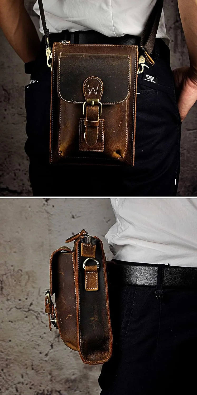 Le'aokuu Mens Genuine Leather Small Messenger Shoulder Satchel Phone Pouch Belt Fanny Waist Bag Pack