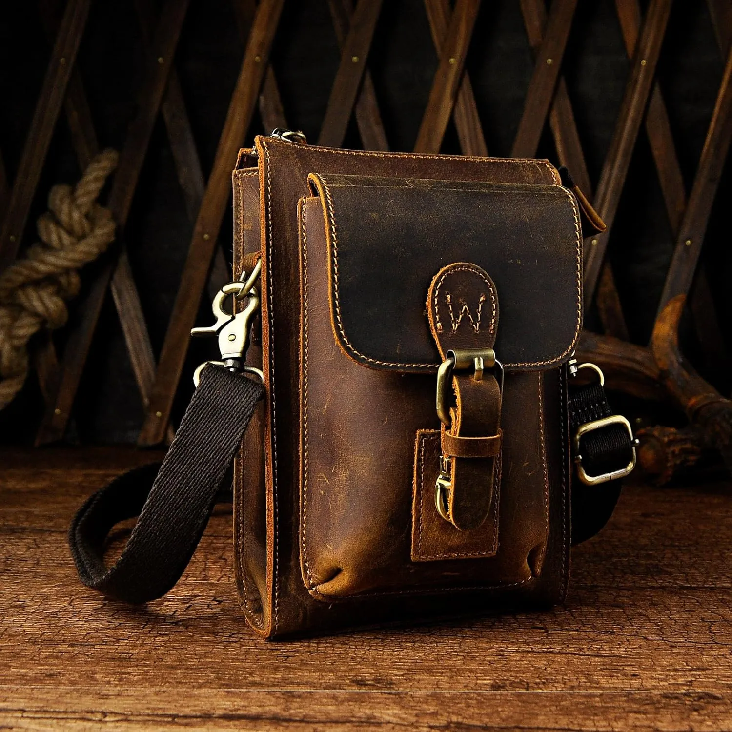 Le'aokuu Mens Genuine Leather Small Messenger Shoulder Satchel Phone Pouch Belt Fanny Waist Bag Pack