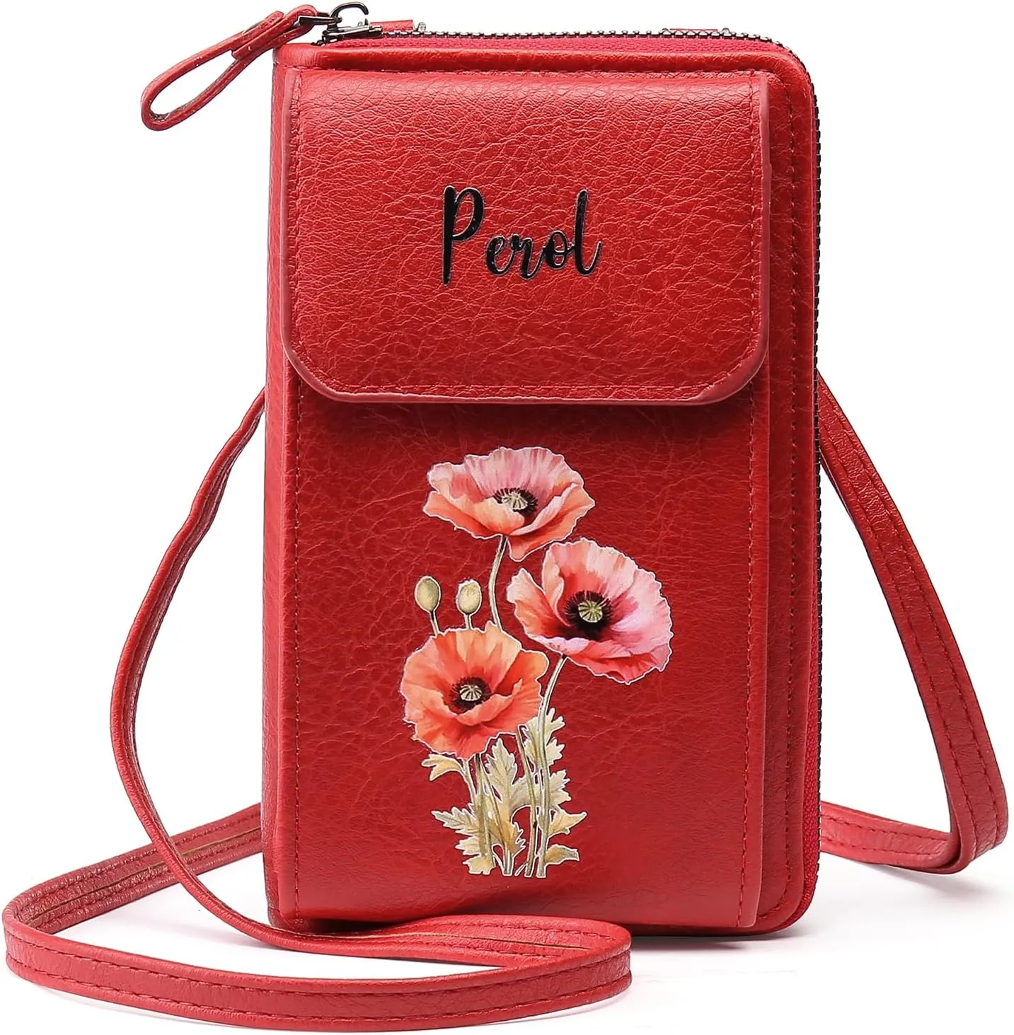 Leather Customizable Engraved Purse with Wrist Strap for Women Personalized Birthflower Name Money Clip Wallet