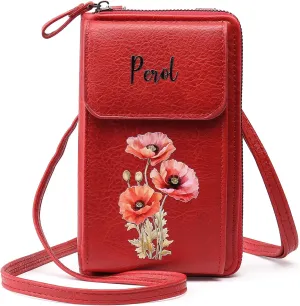 Leather Customizable Engraved Purse with Wrist Strap for Women Personalized Birthflower Name Money Clip Wallet